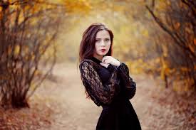 Styles from the '90s are back, baby — brown lipstick included! Women Blue Eyes Dress Black Dress Fall Long Hair Red Lipstick Women Outdoors Blurred Hd Wallpapers Desktop And Mobile Images Photos