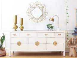 White furniture with gold handles. S C Coleman Vintage White Dresser With Gold Handles No321 Shopgoldenpineapple