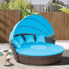 Wicker Rattan Round Daybed With Retractable Canopy Blue Cushion Poolside Furniture Outdoor Daybed Cushion Blue Patio Furniture