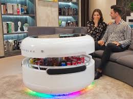 Dual bluetooth speakers on each side of the sobro coffee table deliver enhanced sound and rich bass. Space Age Coffee Table Has Built In Fridge Speakers Sound Vision