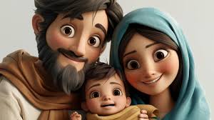 Mary joseph and baby jesus a warm smile in animation style generative ai