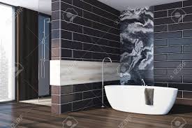 Browse photos of bathroom designs for your next project. Gray Marble Bathroom With Black Brick Walls And A Glass Shower Stock Photo Picture And Royalty Free Image Image 91706143