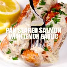 Pan Seared Salmon With Lemon Garlic Cream Sauce Quick Delicious Bright And Creamy Salmon Dinner Pr Salmon Recipes Seafood Recipes Healthy Recipes