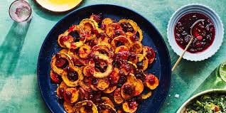 Roasted Sweet Potato And Delicata Squash With Cranberry Agrodolce Recipe Roasted Sweet Potatoes Recipes Delicata Squash