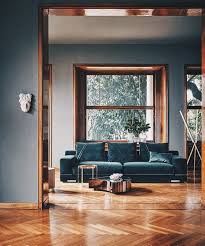 Dark Hunter Green Couch House Interior Herringbone Wood Floor Living Room Paint