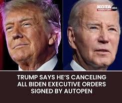 Trump claims that Biden's use of the autopen proves he was not in charge or  involved in the signing process. STORY:  https://www.kotatv.com/2025/11/28/trump-says-hes-canceling-all-biden-executive-orders-signed-by-autopen/