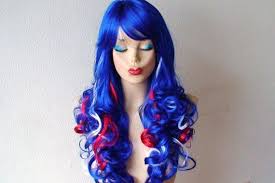 Blue Wig Blue White Red Color Wig Long Curly Hair Red White Blue Wig Blue Hair Highlights Blue Wig Curly Hair Styles