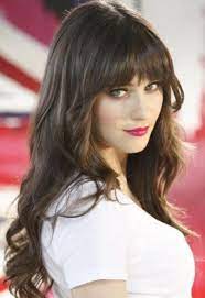 Zooey Deschanel Long Straight Dark Hair With Bangs Hairstyle Zooey Deschanel Hair Hair Styles Long Hair With Bangs