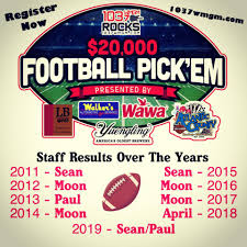 Print a weekly nfl football pick 'em sheet to run your own office pool or with friends and family. Wmgm 20 000 Football Pick Em Pool 103 7 Wmgm Rocks Facebook