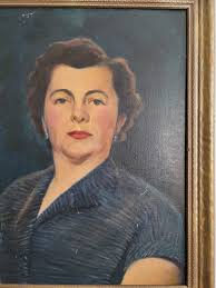 Beautiful Vintage Portrait Painting of Woman in Dark Blue by Frederick Vogel 