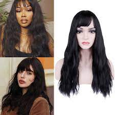 Curly hair bangs on textured hair or straight bangs worn on curly hair are just a few trendy ways to have fun with a fringe. Amazon Com Becus Beauty 22inhes Natural Black Long Curly Hair Wigs With Flat Straight Bangs Loose Wavy Synthetic Full Wig For Women Daily Wear With Wig Cap Beauty