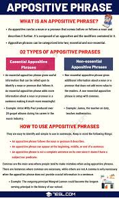 Appositive Phrase Definition Types And Examples Of Appositive Phrases 7 E S L In 2020 Learn English Words Book Writing Tips English Vocabulary Words