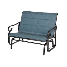 Hampton Bay Crestridge Steel Padded Sling Outdoor Patio Glider In Conley Denim Fcs60619rl B The Home Depot Outdoor Glider Patio Glider Patio Lounge Chairs