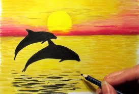 Landscape In Colored Pencil Sunset And 2 Dolphins Drawing