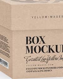 A rendered mockup of a product package box with hang slot. Kraft Cardboard Box With Label Mockup In Box Mockups On Yellow Images Object Mockups