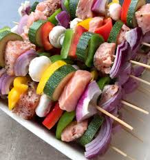 Marinated Salmon Skewers In Garlic Lime Bbq Roasted Vegetables Onion Pepper Courgette Grain Free Gluten Free Scd Paleo Best Camping Meals Meals Recipes
