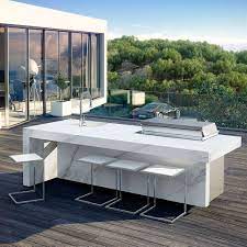 A vintage, modern kitchen featuring lightwood cabinets, marble countertops, brass fixtures, and fun accessories. Kauai Island Luxury Outdoor Kitchen Island By Fesfoc Modern Gas Bbq S Luxury Outdoor Kitchen Outdoor Kitchen Island Modern Outdoor Kitchen