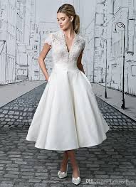Short Wedding Dress Tea Length White Appliques Elegant Short Sleeve Deep V Neck Bottons Wedding Dresses 2017 Trend Tea Length Dresses Tea Length Wedding Dress