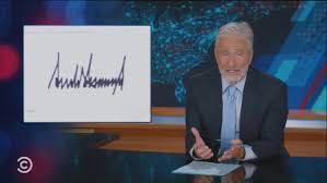 Jon Stewart mocks Donald Trump’s signature as ‘looking nothing like his name’