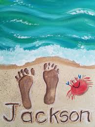 Footprints On The Beach Acrylic On Canvas By Kim Cesaretti Instructor Sample Beach Crafts For Kids Handprint Art Painting For Kids