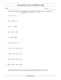 The Associative Law Of Addition Whole Numbers Only A Math Worksheet From The Algebra Worksheets In 2020 Associative Law Word Problem Worksheets Algebra Worksheets