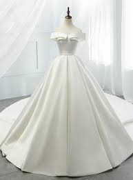 White Ball Gown Satin Off The Shoulder Long Train Wedding Dress White Ball Gowns Wedding Dresses Satin Ball Gown Wedding Dress