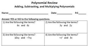 Polynomial Review Worksheet Polynomials Subtraction Algebra Activities