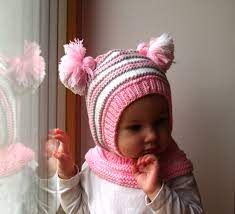 Merino Wool Balaclava Baby Girl Hoodie Hat With Pom Poms Light Pink Hat Sizes 6 12 Months 1 3 6 10 Years Baby Hats Hand Knitting Light Pink Hat