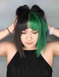 Perfect Green Black Hair Color Combination For Short Hair In 2019 Hair Color For Black Hair Split Dyed Hair Half Colored Hair