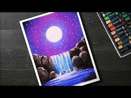 How To Draw Moonlight Waterfall Scenery With Oil Pastels Step By Step Youtube Oil Pastel Art Oil Pastel Colours Oil Pastel Drawings Easy