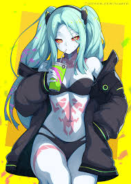 waero, rebecca (cyberpunk), cyberpunk (series), cyberpunk edgerunners,  highres, 1girl, artificial eye, black bra, black jacket, black panties,  bra, breasts, colored sclera, colored skin, cyborg, drink, drinking straw,  green hair, jacket, leg tattoo,