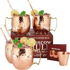 Amazon.com: Moscow Mule Copper Mugs - Set of 4-100% Pure Solid Copper Mugs  - 16 oz Premium Gift Set with 4 Cocktail Copper Straws, Shot Glass and  Recipe Booklet : Home & Kitchen
