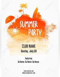 Wenn die sonne herauskommt und die temperaturen steigen, ist es am besten, feste am strand zu feiern. Party Poster Template For Summer Party Hello Summer Calligraphic Message Orange Colored With Watercolor Imitation Design Vector Illustration Royalty Free Cliparts Vectors And Stock Illustration Image 74445656