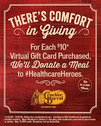 For instance, you can buy cracker barrel's gift card first, and then pay your purchase with your gift card. Cracker Barrel Old Country Store Please Join Us To Support Front Line Healthcareheroes Starting Today For Each 10 Gift Card Purchased We Ll Donate A Meal To A Hospital Worker Purchase Your