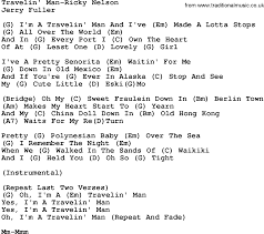 Country Music Travelin Man Ricky Nelson Lyrics And Chords
