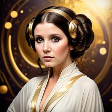 A beautiful Princess Leia, long flowing dark brown h...