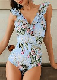 Printed Ruffled V Neck One Piece Swimsuit Light Blue One Piece One Piece Swimwear Swimsuits