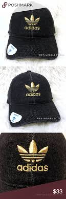 Adidas Black And Gold Hat Adidas Washed Black Denim Relaxed Strapback Hat Nwt Black Denim Strapback Hats Gold Adidas