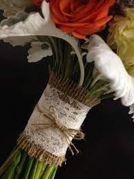 Bride's bouquet wrap, rustic burlap with cream lace overlay, enhance your beautiful wedding bouquet with this wrap that is easy to attach! Bloomers Floral Design Of Bloomers Bridal Bouqet Designs Simple Bridal Bouquets Bridal Bouquet Handle Lace Bouquet