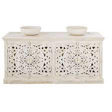 Boutique de meubles de salle de bain en ligne les meubles de salle de bain modernes ou rustiques au style authentique ou rétro sont disponibles en bois massif, avec paniers tressés ou même en bambou. Meuble Double Vasque En Manguier Massif Sculpte Blanc Effet Vieilli Kerala