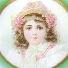 Vintage Victorian Flue Cover Glass and Metal Frame, Print of Young Girl  Wearing a Bonnet With Flowers, Green Halo Design