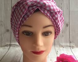1930s dusting cap pink white gingham cotton mix, vintage wartime style self  tie turban, chemotherapy alopecia head cover