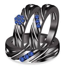 Black And Blue Wedding Rings For Her Blue Sapphire Wedding Band Engagement Ring Trio Set Black Gold Finish 925 Silver Blue Sapphire Wedding Band Wedding Ring Trio Sets Black Wedding Rings