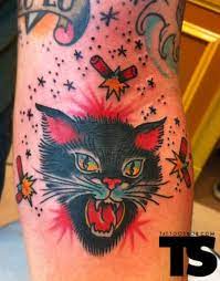 Red Behind Head For Fill Black Cat Tattoos Traditional Cat Tattoo Cat Tattoo