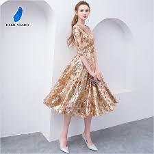 Rok gaun bagian depan akan memiliki ukuran yang lebih pendek dari rok bagian belakang. Deerveado Teh Panjang Pendek Gaun Malam Emas Payet Lengan Setengah Formal Gaun Pesta Malam Gaun D259 Evening Dresses Aliexpress