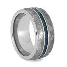 Gibeon Meteorite Men S Wedding Band With Crushed Synthetic Opal 3632 Meteorite Wedding Band Mens Meteorite Ring Mens Wedding Bands