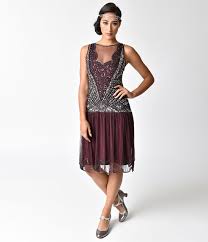 1920s Cocktail Party Dresses Evening Gowns 1920s Style Plum Silver Beaded Deco Elaina Flapper Dr Beaded Flapper Dress 1920s Evening Dress Purple Flapper Dress