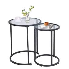 Southern enterprises tosklin smoked glass top cocktail table in oak. Umi Round Nest Of Tables Side End Coffee Tables Set Of 2 With Clear Glass Tops For Living Room Bedroom Buy Online In Aruba At Aruba Desertcart Com Productid 217637160