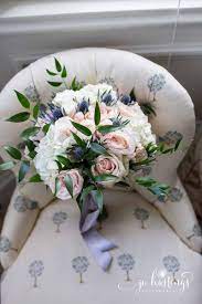 Bouquets in blue, white, pink. Wedding Flowers Dusty Blue And Blush Wedding Flowers