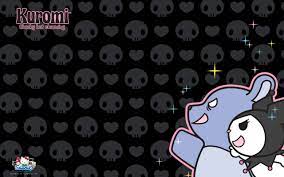 She is a white rabbit wearing a black jester's hat with a pink skull on the front and a black devil tail in the place of a. Kuromi Our Characters Sanrio My Melody Wallpaper Sanrio Wallpaper Hello Kitty Aesthetic